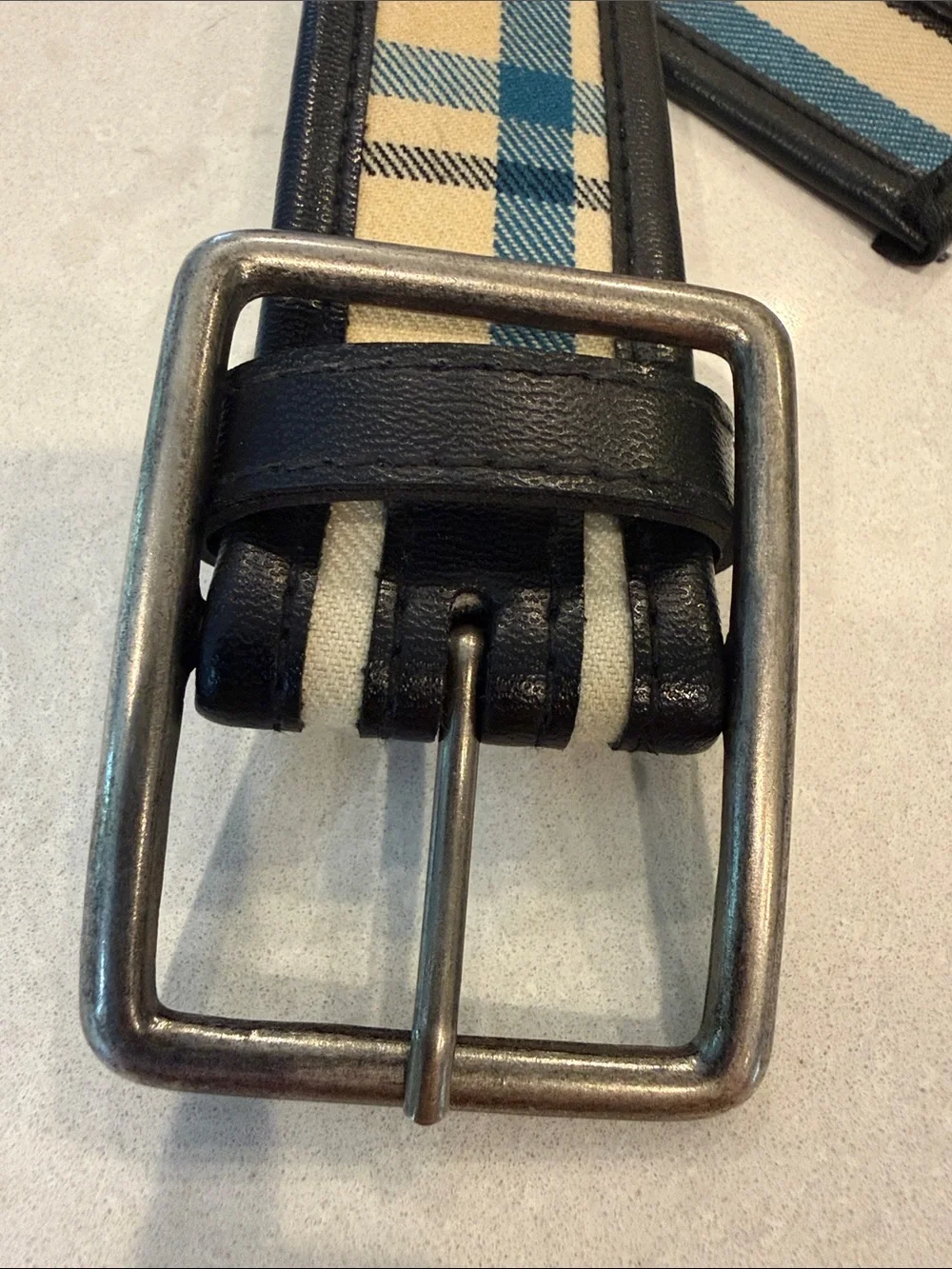 Ladies’ preppy canvas Plaid Belt in Navy, Green, and Cream